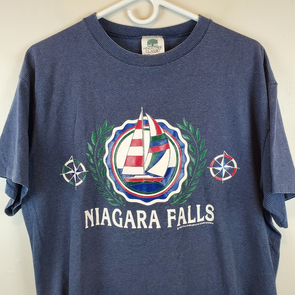 VTG 90s Niagara Falls Sailboat T Shirt Size L Blue Stripe Single Stitch 1993 USA